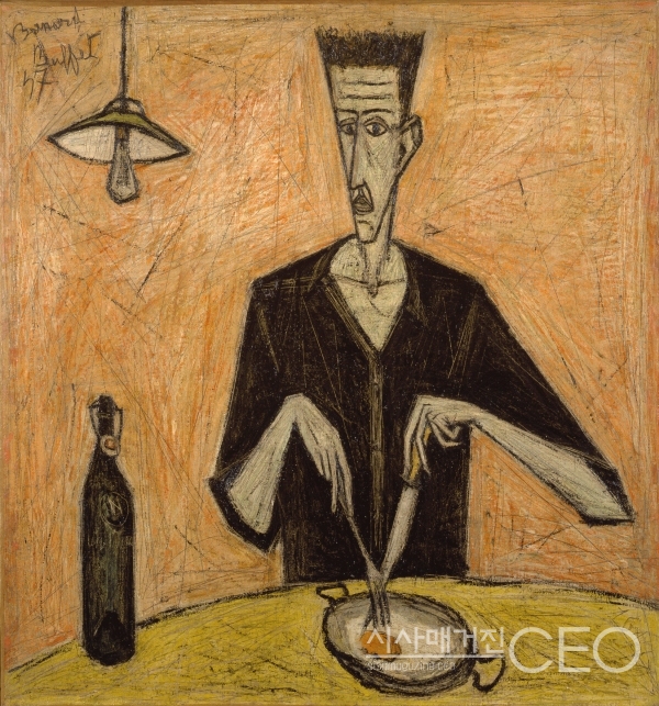 Bernard Buffet, Homme à l'œuf sur le plat 접시위 계란 그리고 남자, 1947, Huile sur toile, 96x90, ⓒ Bernard Buffet / ADAGP, Paris - SACK, Seoul, 2019